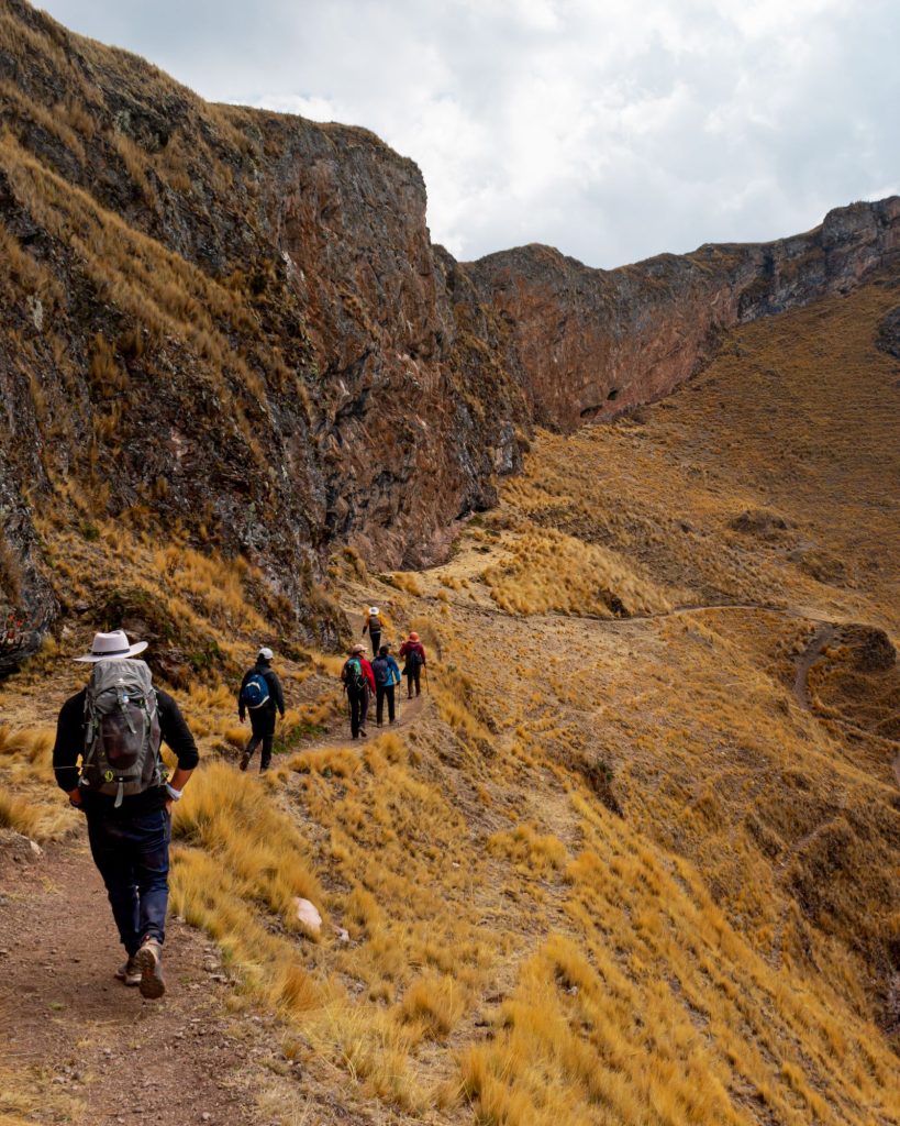 Hikers on the Inca Trail through the Andes mountains near Ollantaytambo, Peru